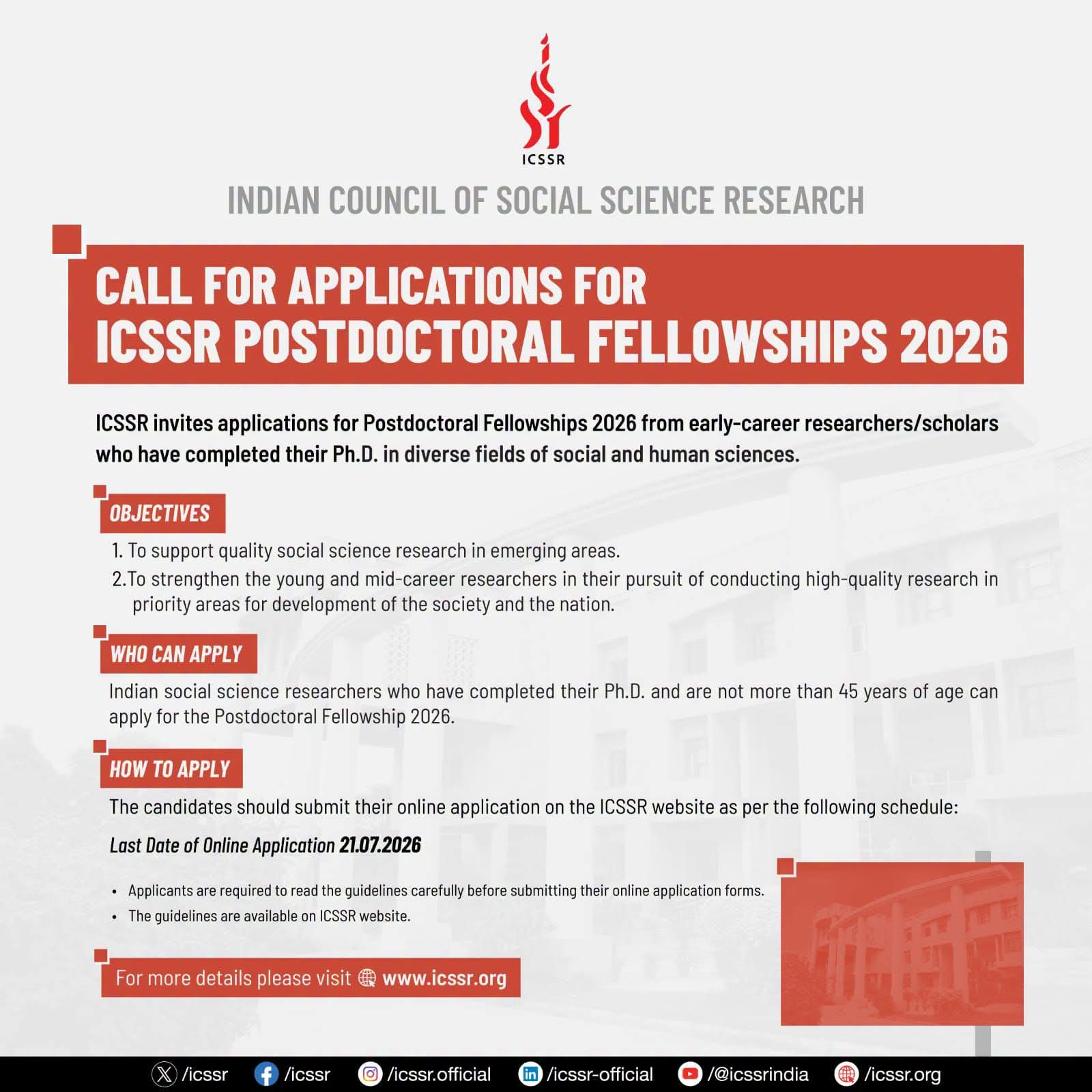 CSSR invites applications for Senior Fellowship Scheme 2026–27; online registration open till July 21